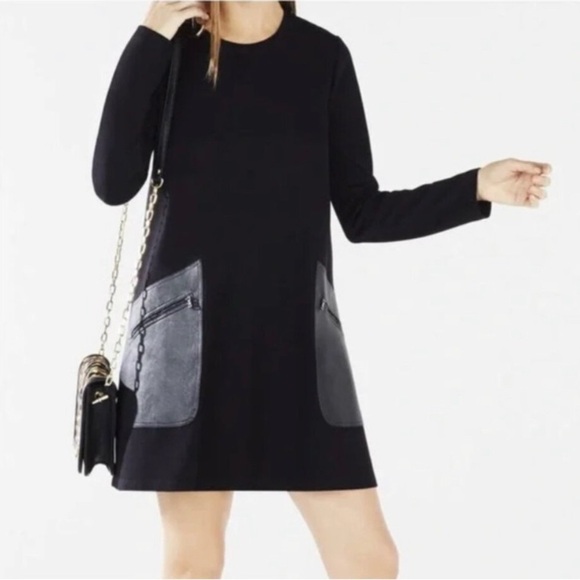 BCBGMaxAzria Long Sleeve Faux Leather Pocket Farah Shift Dress womens XS - Picture 2 of 9